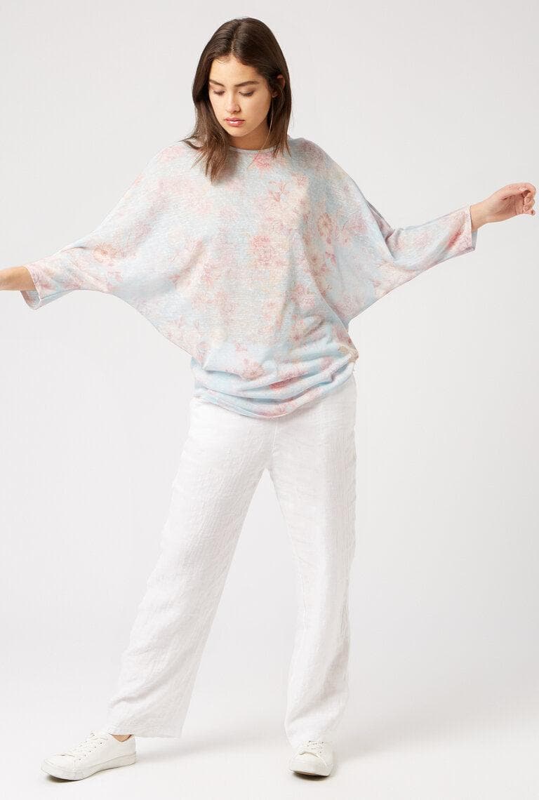 Light Blue Floral Printed James Lakeland Long-Sleeve Batwing Top