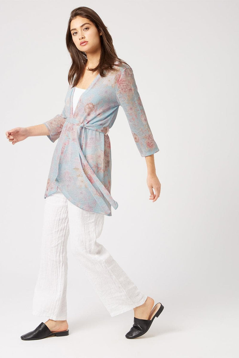 Belted midi-length light blue and pink James Lakeland floral print cardigan