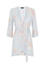 Belted midi-length light blue and pink James Lakeland floral print cardigan